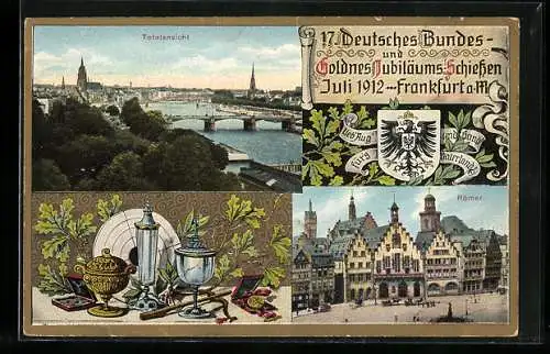 AK Frankfurt a. M., 17. Deutsches Bundes- & Goldenes Jubiläums-Schiessen 1912, Römer, Armbrust, Wappen