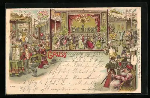 Lithographie Gruss vom Volksfest Berger Markt 1898