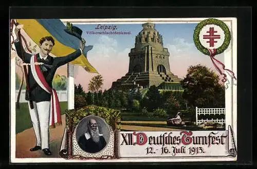 AK Leipzig, XII. Deutsches Turnfest 1913, Völkerschlachtdenkmal, Portrait Turnvater Jahn