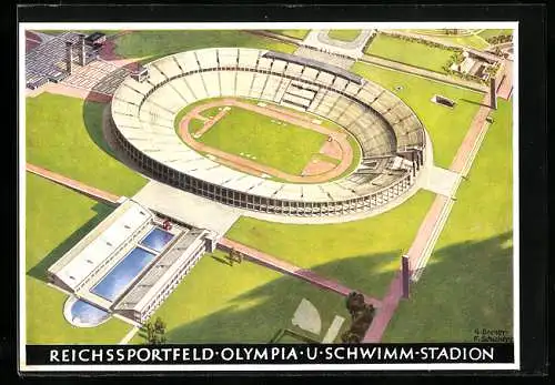 Künstler-AK Berlin, Olympia 1936, Reichssportfeld, Olympia- und Schwimmstadion