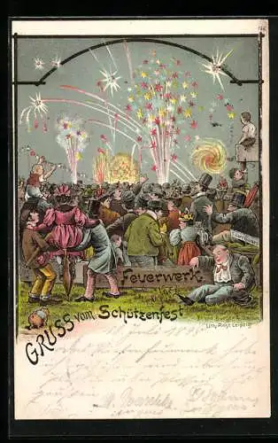 Lithographie Feuerwerk beim Schützenfest