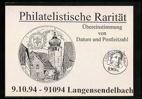 AK Langensendelbach, Philatelistische Rarität, Übereinstimmung von Datum und Postleitzahl, 9.10.94 - 91094