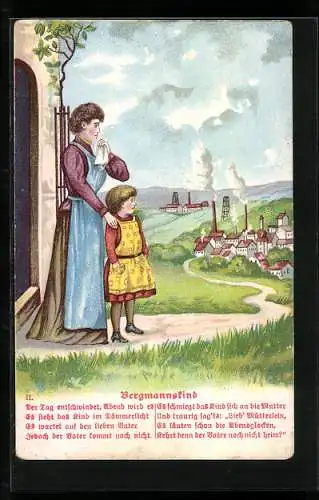 Künstler-AK Mutter mit Kind blicken auf Bergbauwerke, Vers Bergmannkind