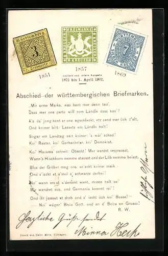 AK Abschied der württembergischen Briefmarkenen, Postgeschichte