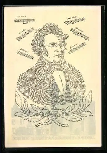 AK Liuchtental, Schubert-Jubiläum 1928, Geburtshaus und Taufkirche, Kalligraphie-Portrait