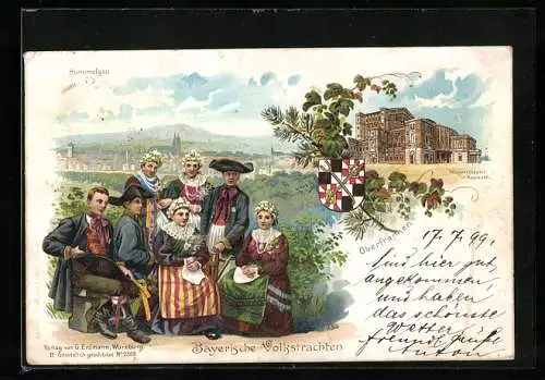 Lithographie Bayreuth, Wagnertheater, Bayerische Volkstrachten, Hummelgau