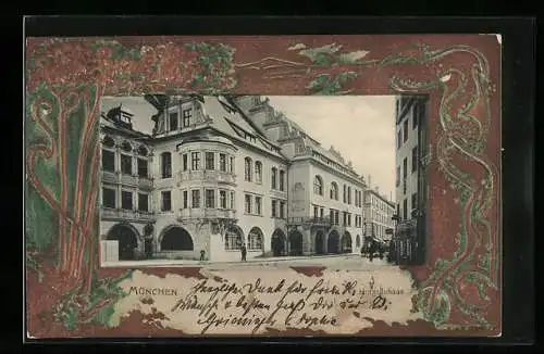 Passepartout-Lithographie München, Münchner Hofbräuhaus mit geprägtem Rand