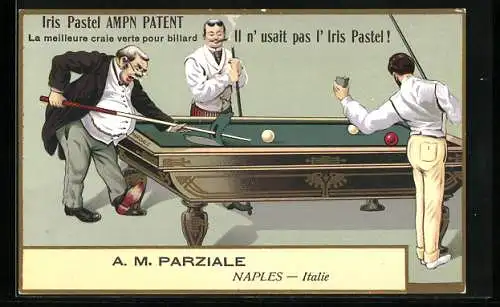 AK Naples, A. M. Parziale, Iris Pastel AMPN Patent, Drei Männer spielen Billard