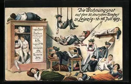 Künstler-AK Leipzig, 12. Deutsches Turnfest 12.- 16. Juli 1913, Wohnungsnot