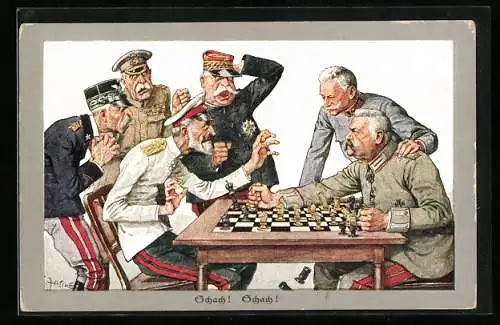 Künstler-AK M. Munk Nr. 1036, Schach! Schach! Hindenburg & Hötzendorf spielen gegen Alliierte Schach