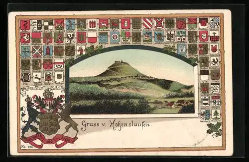 Passepartout-Lithographie Hohenstaufen, Ortspartie, Wappen von Brackenheim, Crailshaim & Ehingen