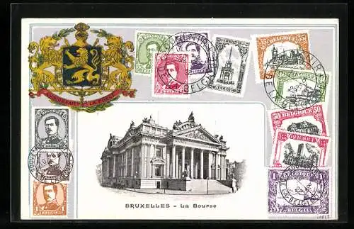 AK Brüssel / Bruxelles, La Bourse, Belgische Briefmarken, Wappen