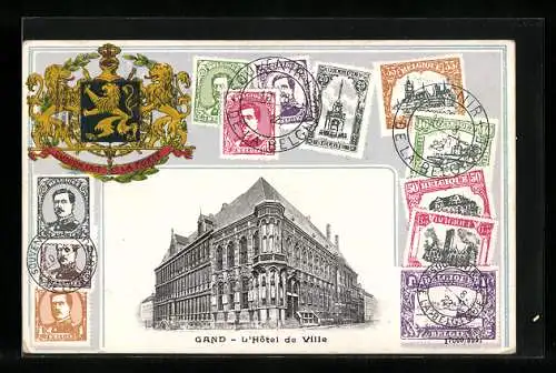 AK Gand, L`Hôtel de Ville, versch. Briefmarken, Wappen