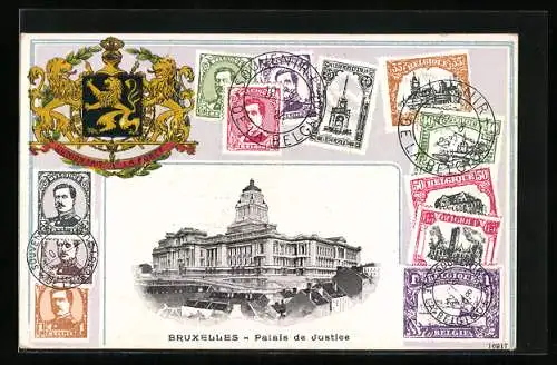 AK Brüssel / Bruxelles, Palais de Justice, Briefmarken, Wappen