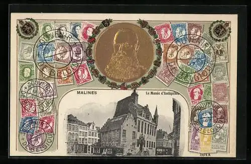 Präge-AK Malines, Le Musée d`Antiques, Briefmarken und Portrait