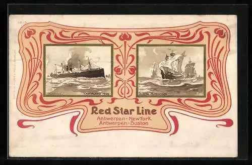 Künstler-Lithographie Henri Cassiers: Passagierschiffe Vaderland d. Red Star Line, Segelschiff Santa Maria 1492