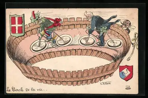 Künstler-AK sign. Ph. Norwins: Le Cercle de la vie..., Fahrradrennen Frankreich gegen Italien, Karikaturen