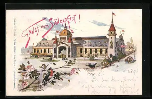 Lithographie Stuttgart, Sängerfest, Festhalle, Strassenbahn, Blumen, Um 1900