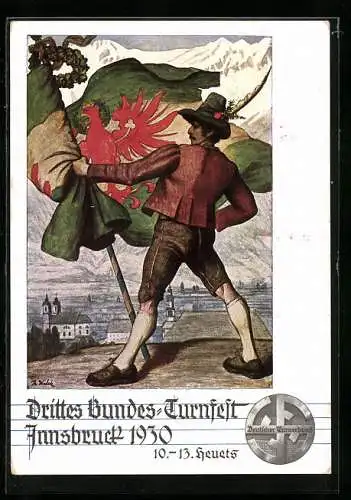 Künstler-AK Innsbruck, 3. Bundes-Turnfest 1930, Tiroler mit Fahne