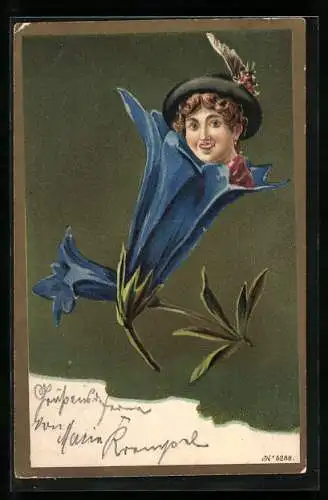 Lithographie Kopf einer junge Frau in blauer Kelchblüte, Jugendstil