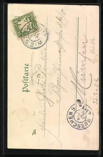 Lithographie Kopf einer junge Frau in blauer Kelchblüte, Jugendstil