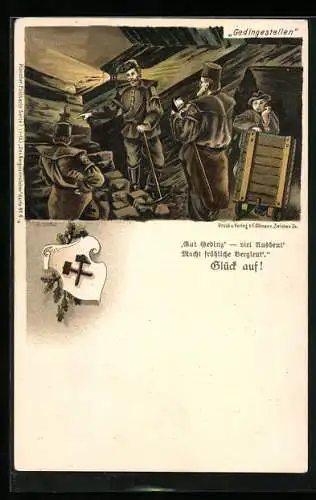 Lithographie Vier Bergmänner unter Tage