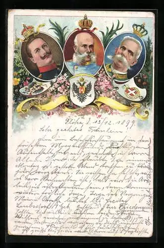 Lithographie Kaiser Franz Josef I. von Österreich, Kaiser WIlhelm II., König Umberto I.