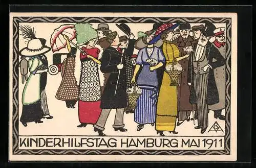 Künstler-AK Hamburg, Kinderhilfstag 1911, Damen und Herren mit Blumen, Jugendstil