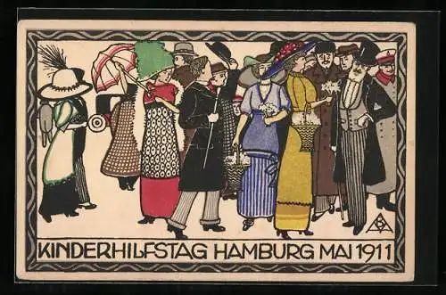 Künstler-AK Hamburg, Kinderhilfstag 1911, Frauen verteilen Blumen auf der Strasse, Jugendstil