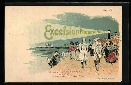 Lithographie Reklame Excelsior-Pneumatic, Strandpromenade mit Fahrradfahrern