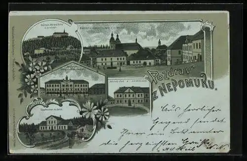 Mondschein-Lithographie Nepomuk, Opatrovna sv. Jana, Mestsky urad, Zamek Zelená Hora a pivovar