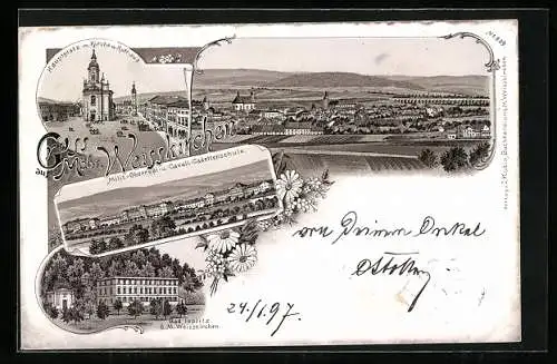 Lithographie Mährisch Weisskirchen, Hotel Bad Teplitz, Hauptplatz mit Kirche und Rathaus