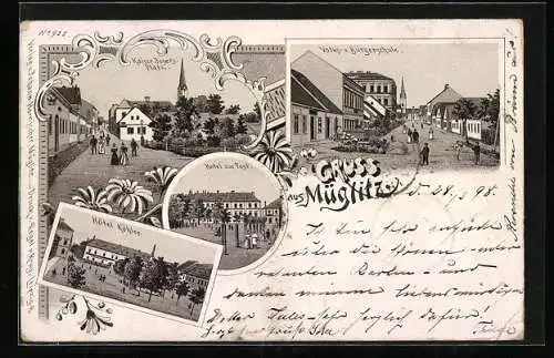 Lithographie Müglitz, Hotel zur Post, Hotel Köhler, Kaiser Franz Josefs-Platz