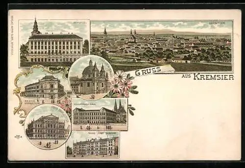 Lithographie Kremsier, Knabenseminar, Ober Realschule, K.K. Böhm. Gymnasium