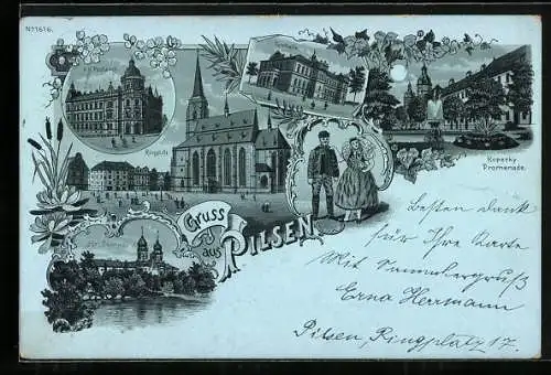 Mondschein-Lithographie Pilsen, K. K. Postamt, Isr. Tempel, Ringplatz, Turnhalle, Kopeeky-Promenade