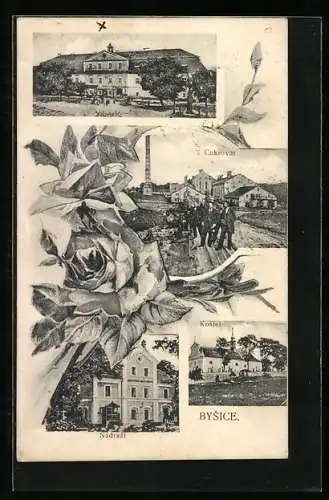 AK Bysice, Cukrovar, Kostel, Nádrazí