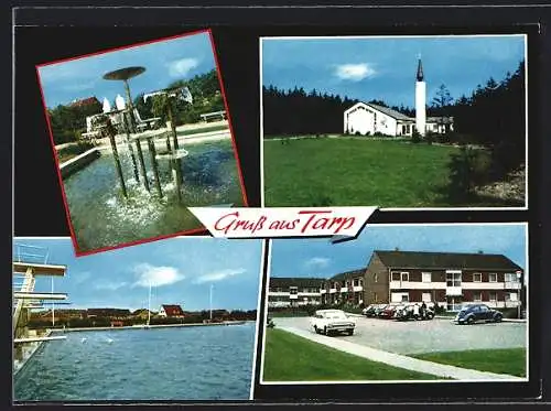 AK Tarp /Kr. Flensburg-Land, Park mit Brunnen, Freibad und Kirche