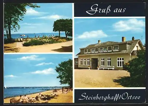 AK Steinberghaff /Ostsee, Hotel-Café, Promenade mit Meerblick, Strandleben