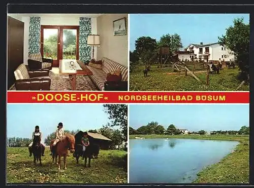 AK Büsum, Hotel Doose-Hof, Bes. Gertrud Koch, Innenansicht, Pferdeweiden und Teich