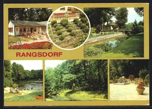 AK Rangsdorf, Eis-Café Reni, Schloss Sanssouci in Miniatur in der Seebadeallee, Klein Venedig, Am Nymphensee