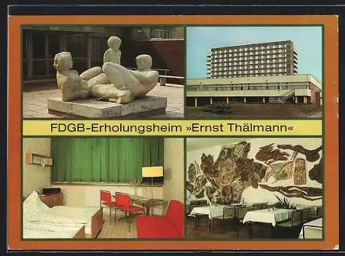 AK Rheinsberg /Kr. Neuruppin, FDGB-Erholungshotel Ernst Thälmann, Plastikgruppe, Gästezimer und Urlauberrestaurant