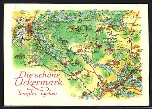 AK Templin / Mark, Landkarte der Uckermark mit Lychen, Gandenitz und Netzow