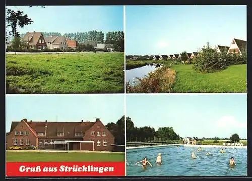 AK Strücklingen, Teilansicht, Siedlungsansicht, Badespass im Freibad