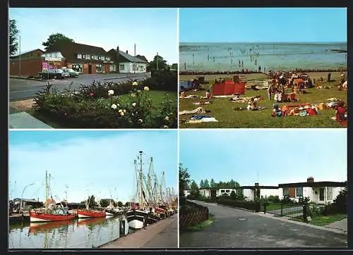 AK Friedrichskoog, VIVO H. C. Petersen u. Sohn, Ortspartie, Hafen und Strandleben