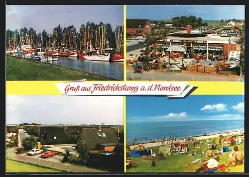 AK Friedrichskoog a. d. Nordsee, Reihenhaussiedlung, Strandpartie, angedockte Schiffe auf dem Fluss