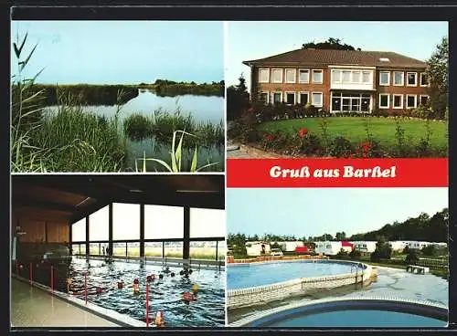 AK Barssel, Wohnwagen auf einem Zeltplatz, Schwimmbad und Partie am See