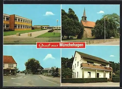 AK Münchehagen, Kirche, Schule und Strassenpartie mit Sparkasse und Edeka-Markt