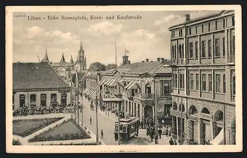 AK Libau, Strassenbahn Ecke Rosenplatz, Korn- und Kaufstrasse