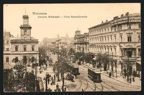 AK Warschau, Strassenpartie mit Strassenbahn