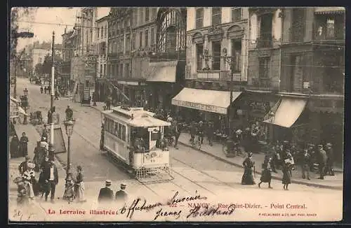 AK Nancy, Rue Saint-Jean, Point Central et Tramway, Strassenbahn